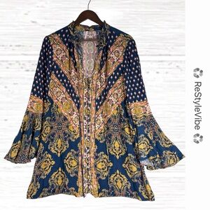 FREE PEOPLE Women’s Size M Top Shirt Tunic Blouse Boho V-Neck Button Front Long